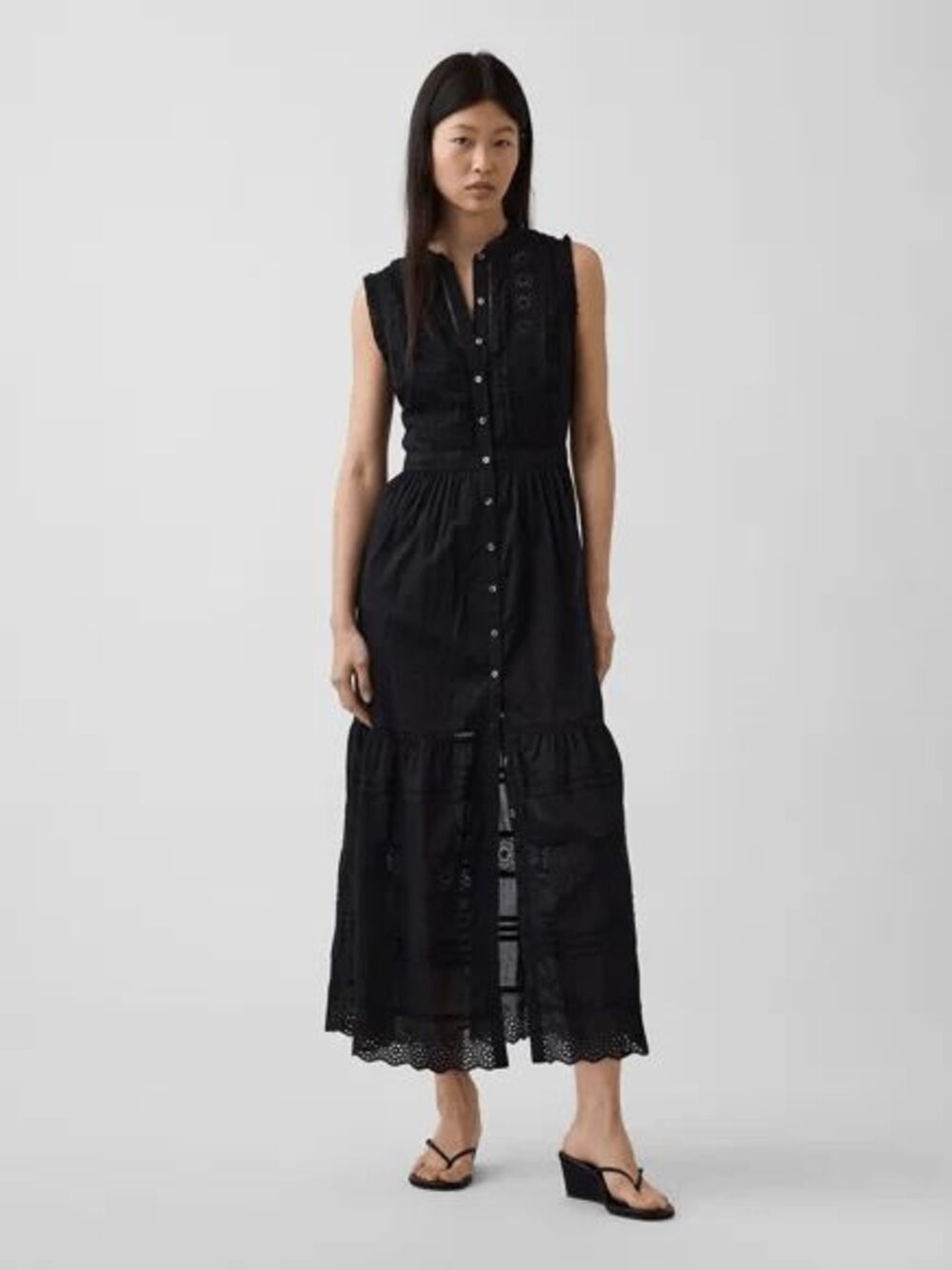 Gap Black Lace-Trim Tiered Sleeveless Midi Shirt Dress Women's Size Medium
